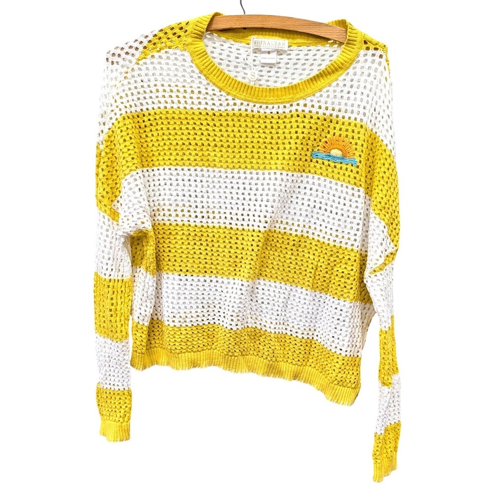 Shiraleah Chicago Womens Yellow White Striped Open Knit Sun Graphic Sweater- S